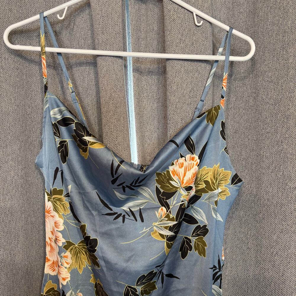Missguided Dusty Blue Floral Satin Cowl Neck Maxi Slip Dress Back Zip Romantic 6